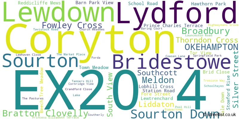 A word cloud for the EX20 4 postcode